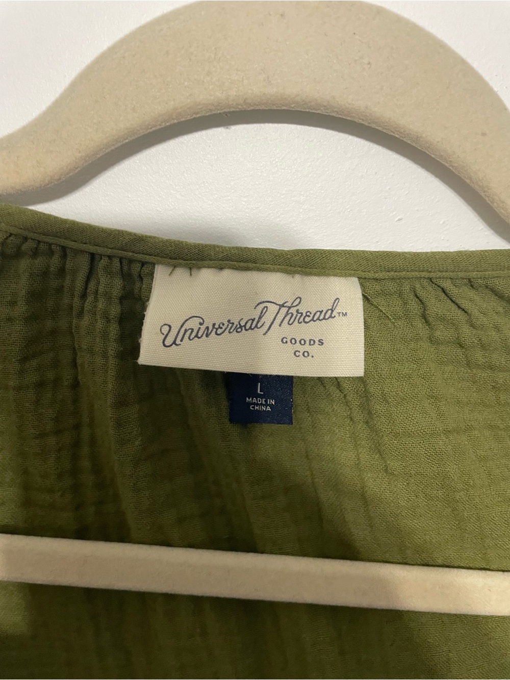 Olive Green Peasant Blouse with Tie Neck - 3/4 Sleeve universal Thread size L - Picture 2 of 5
